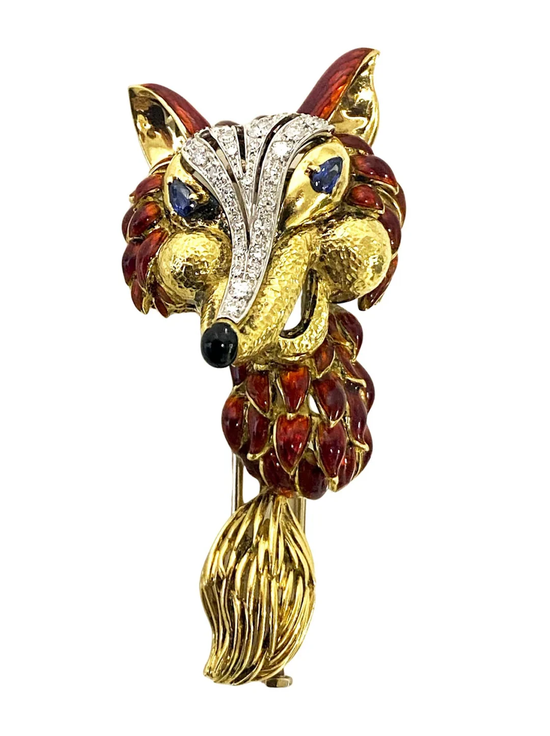 1970’ s Fox brooch 18K Diamonds Sapphires Enamel Spritzer & Fuhrmann