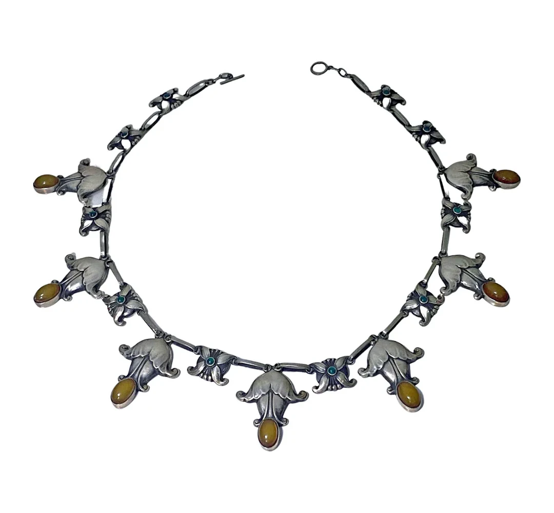 Georg Jensen exceptionally rare design Sterling Amber and Agate Necklace C.1930