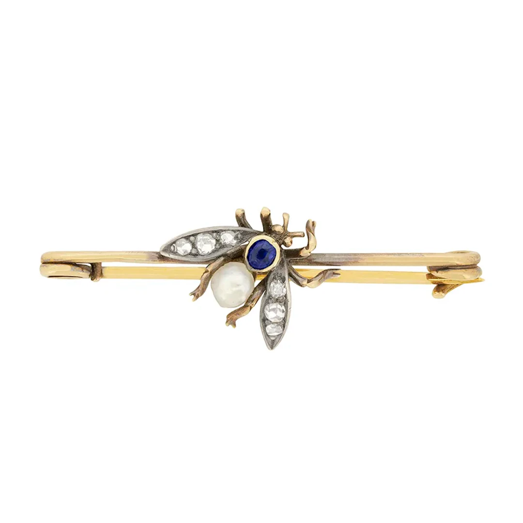 Victorian 0.15ct Sapphire, Pearl and Diamond Bug Brooch, c.1880s