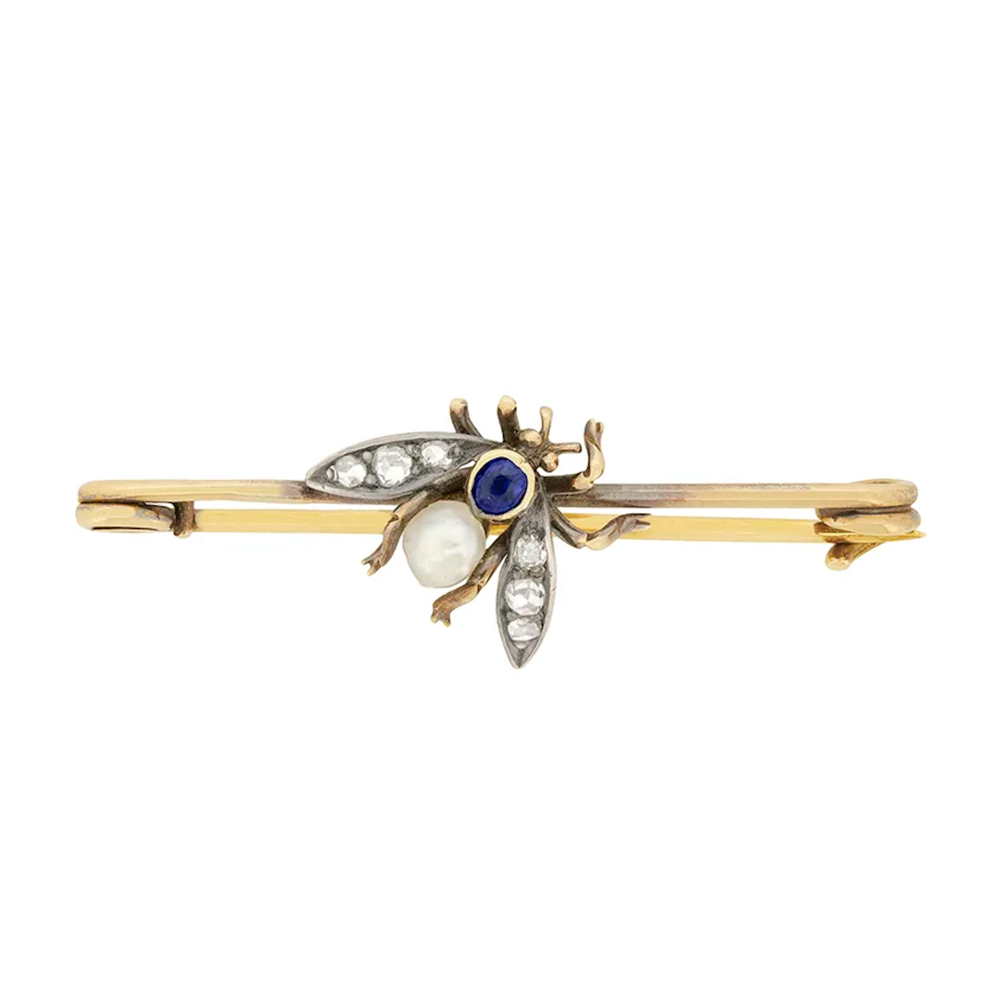 Victorian 0.15ct Sapphire, Pearl and Diamond Bug Brooch, c.1880s