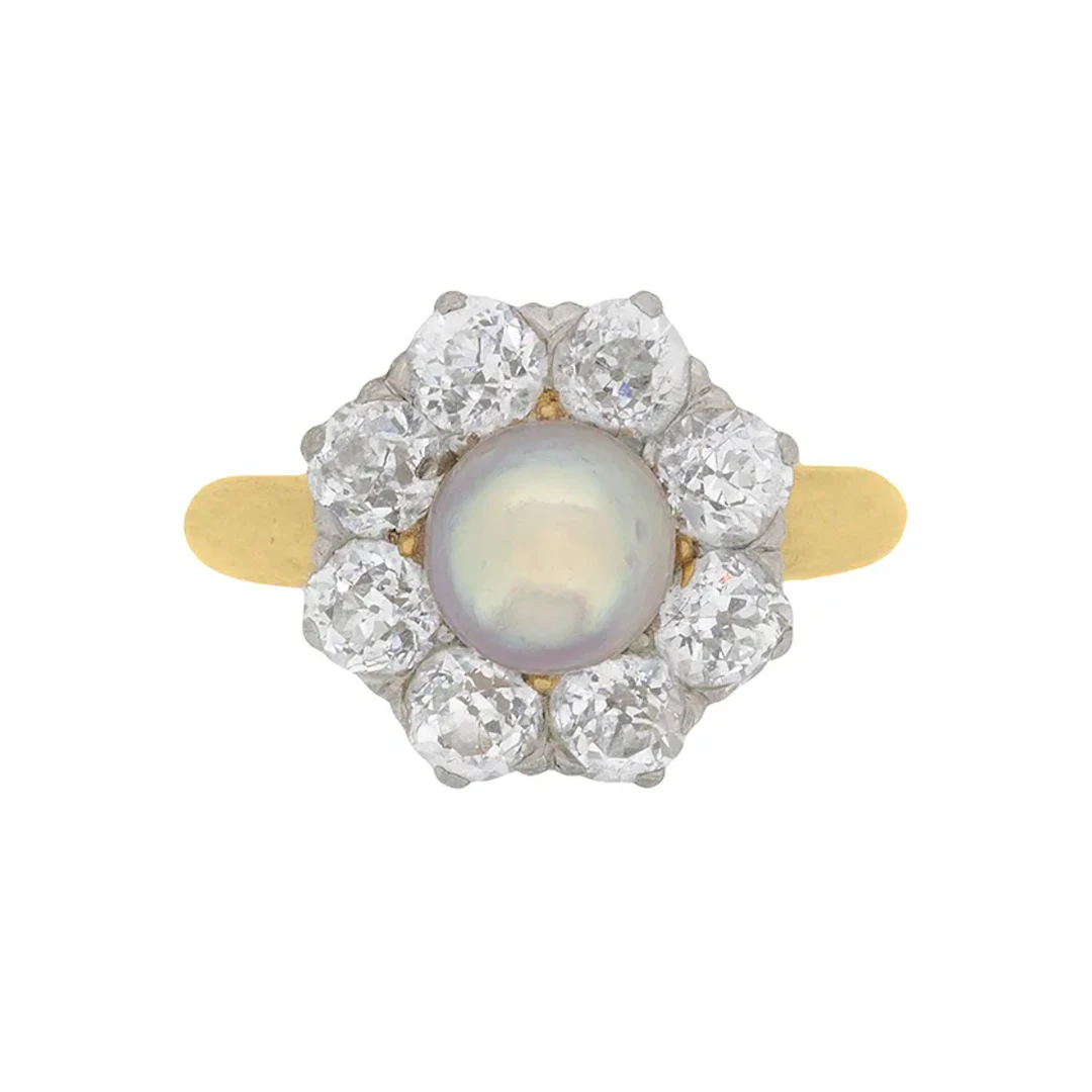 Late Victorian Natural Pearl and Diamond Cluster Ring, c.1910