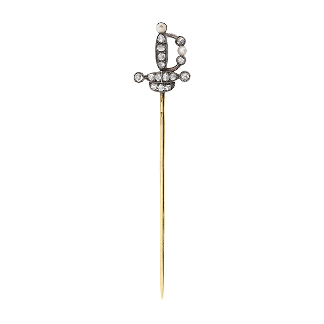 Victorian Diamond and Pearl French Sword Pin, c.1880s