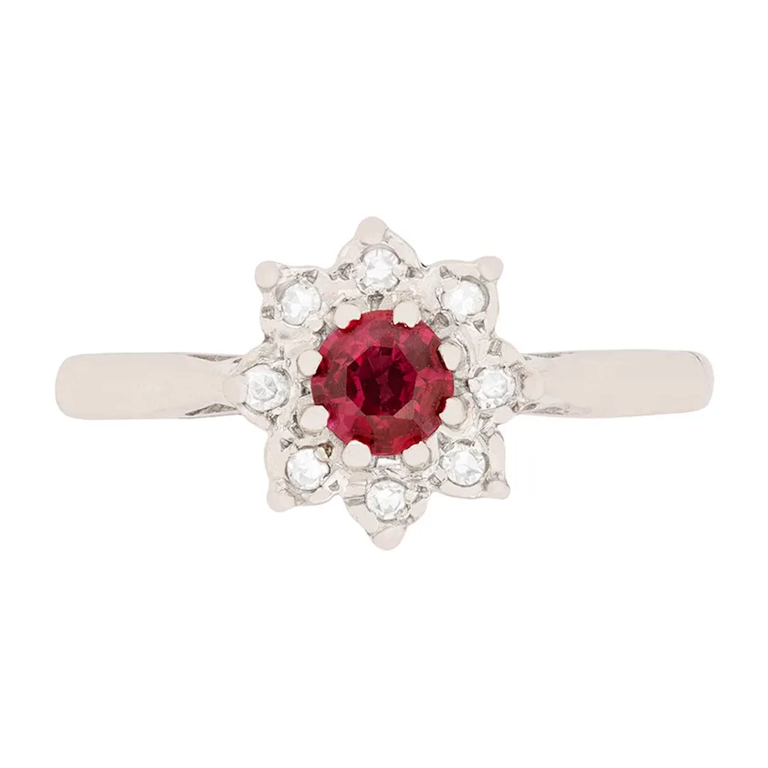 Vintage Ruby and Diamond Daisy Cluster Ring, c.1970s