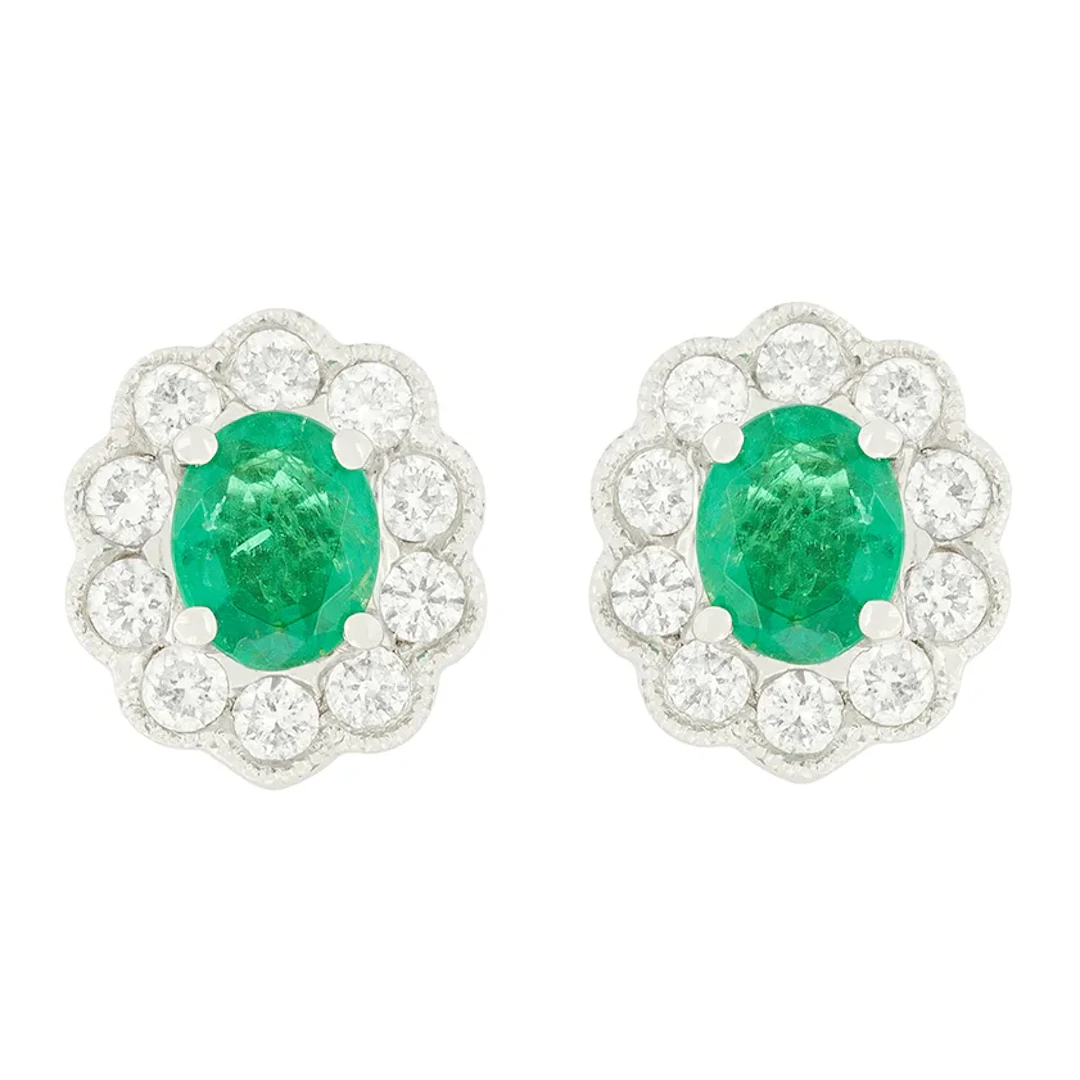 Vintage 1.00ct Emerald and Diamond Cluster Earrings, c.1970s