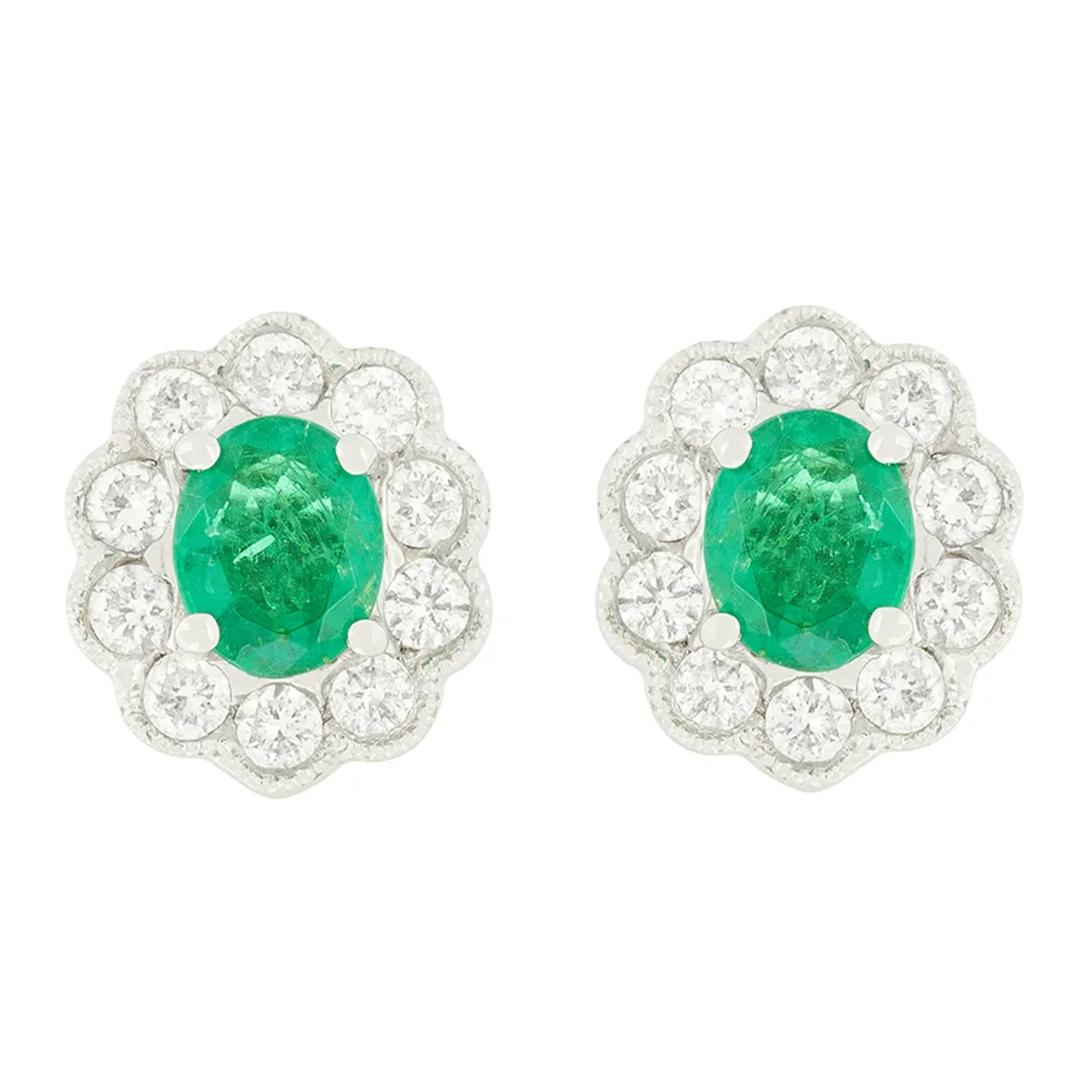 Vintage 1.00ct Emerald and Diamond Cluster Earrings, c.1970s