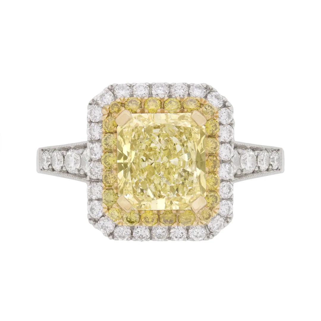 Contemporary 1.72ct Fancy Yellow Diamond Double Halo Engagement Ring