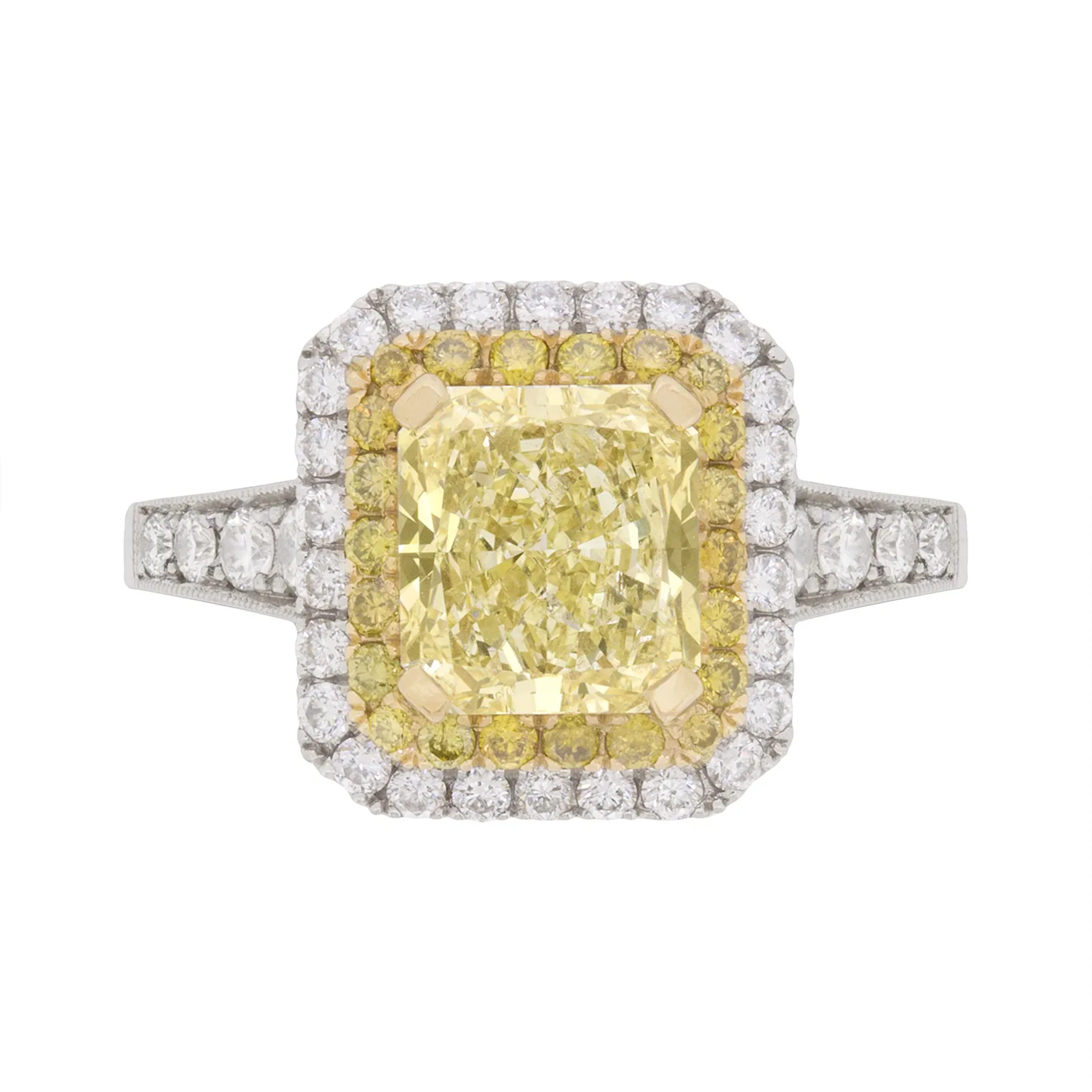Contemporary 1.72ct Fancy Yellow Diamond Double Halo Engagement Ring