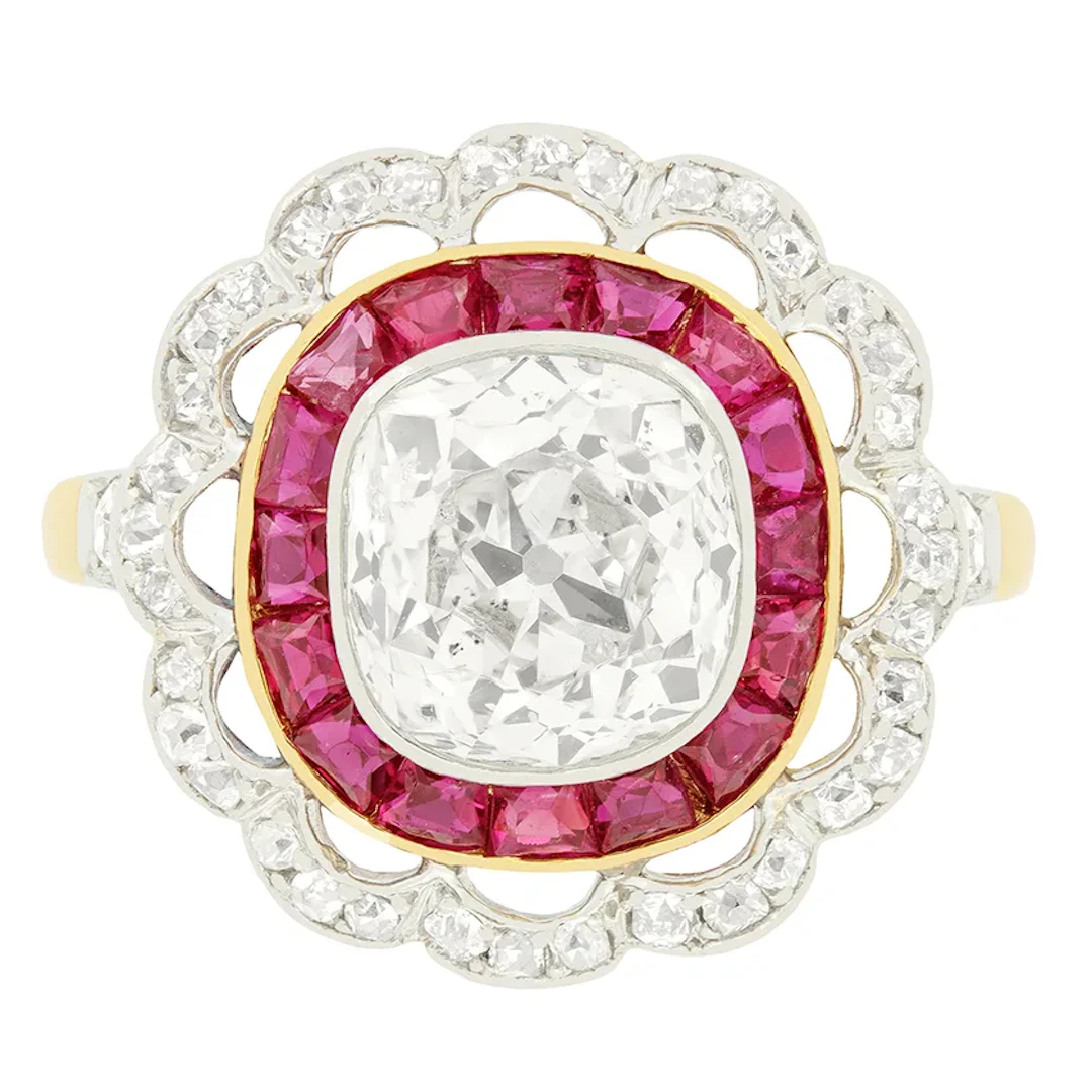 Edwardian 2.30ct Diamond and Ruby Target Ring, c.1910s