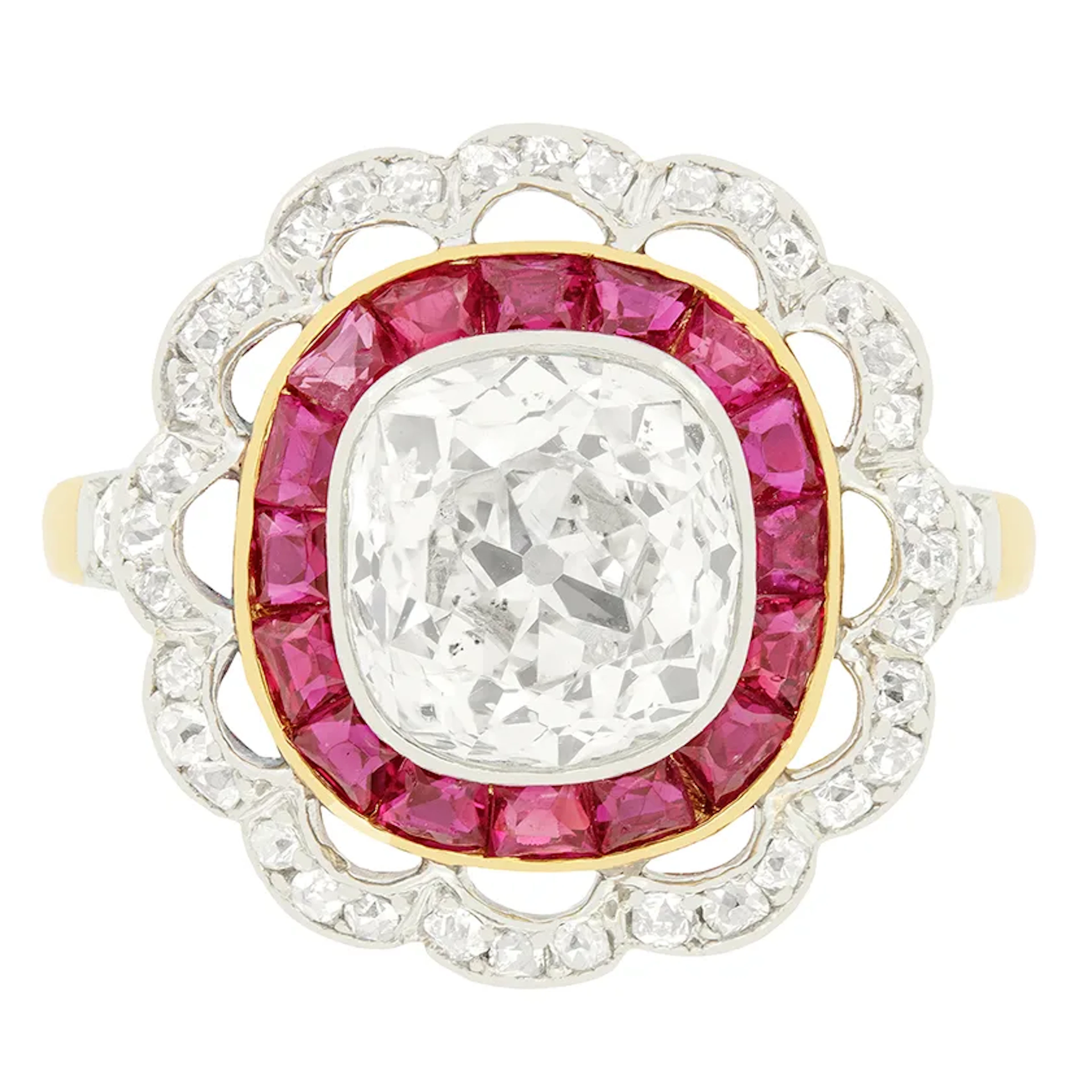 Edwardian 2.30ct Diamond and Ruby Target Ring, c.1910s