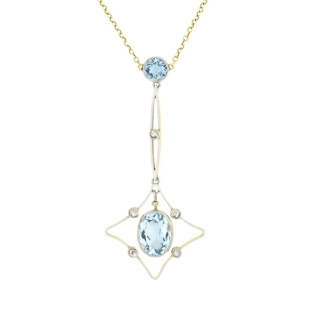 Edwardian 2.40ct Aquamarine and Diamond Drop Necklace, c.1910s