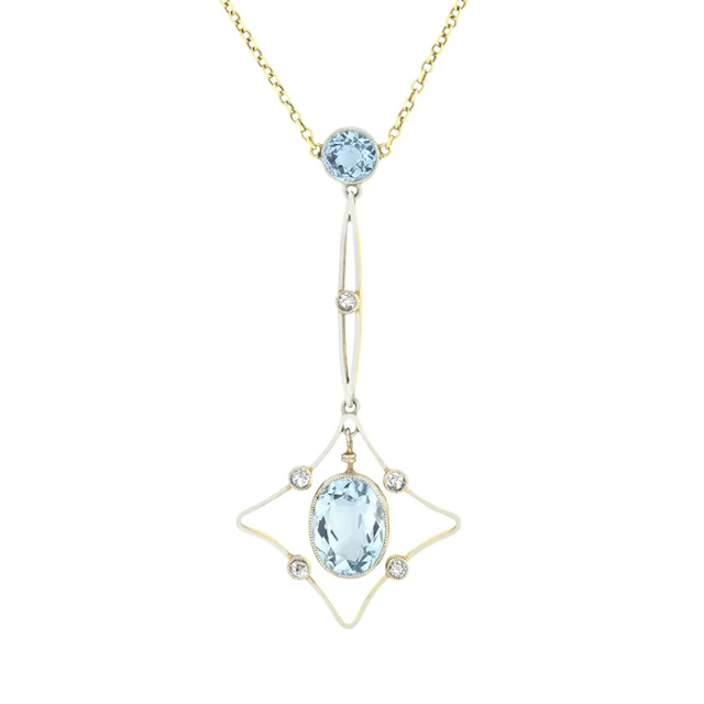 Edwardian 2.40ct Aquamarine and Diamond Drop Necklace, c.1910s