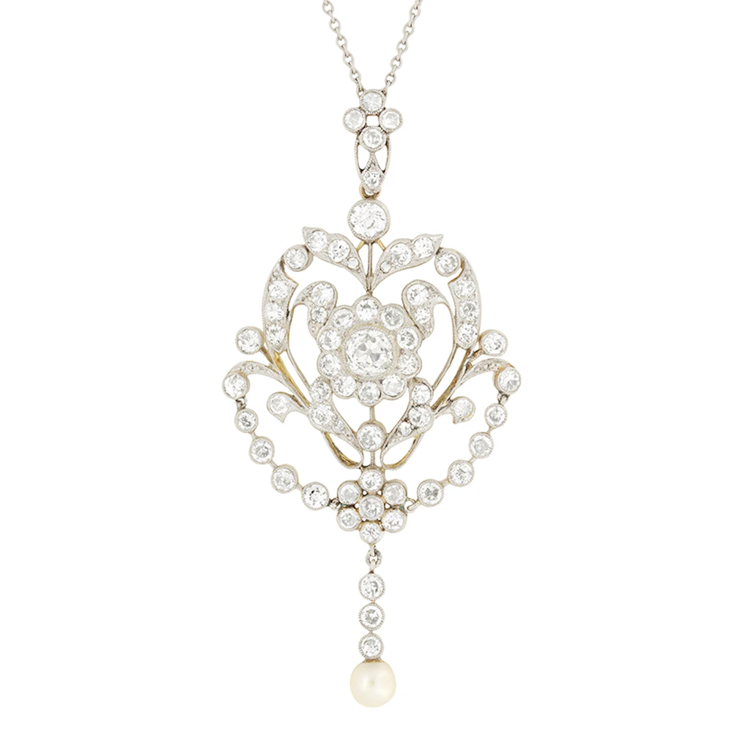 Edwardian 5.50ct Diamond, Pearl Necklace & Brooch, c.1910s