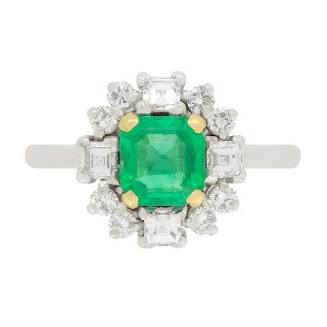 Vintage 1.10ct Emerald and Diamond Cluster Ring, c.1960s