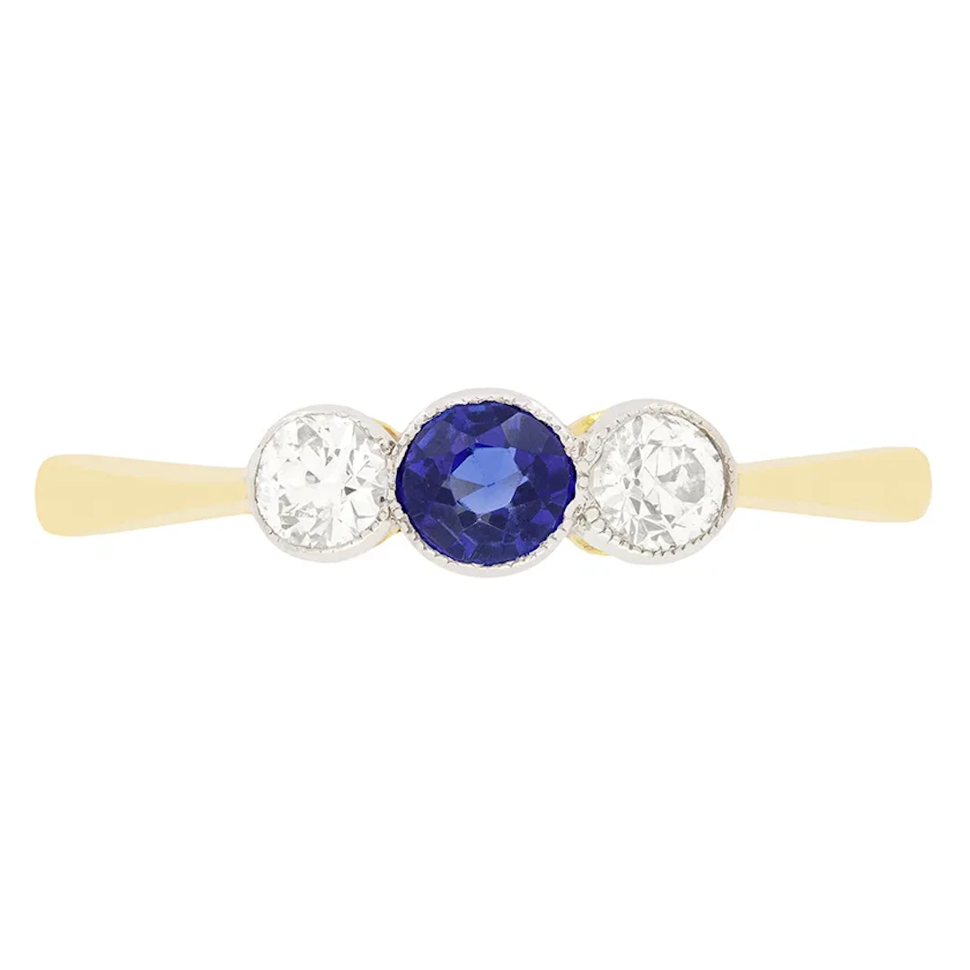Edwardian 0.40ct Sapphire and Diamond Three Stone Ring, c.1910s