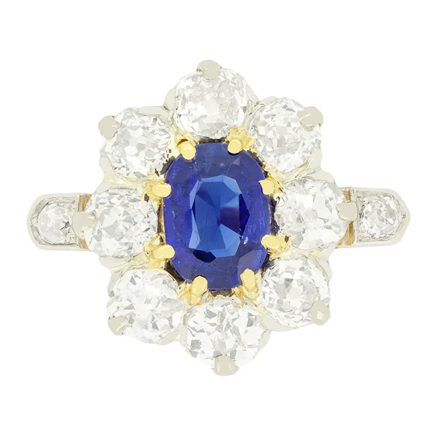 Edwardian 1.00ct Sapphire and Diamond Cluster Ring, c.1910s