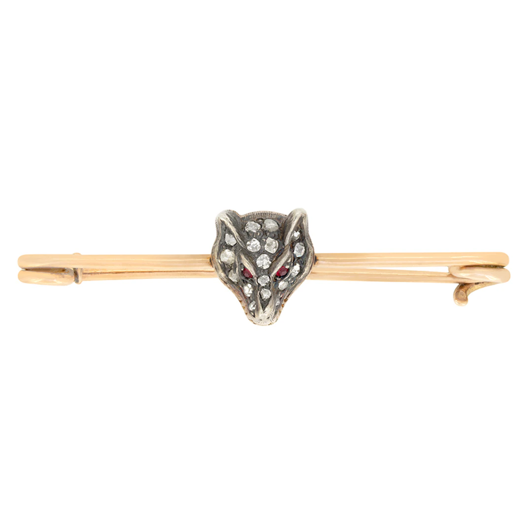 Victorian Diamond and Ruby Wolf Brooch, c.1880s