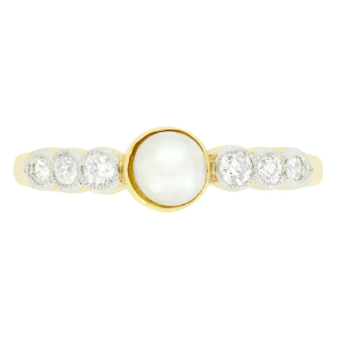 Edwardian Pearl and Diamond Solitaire Ring, c.1910s