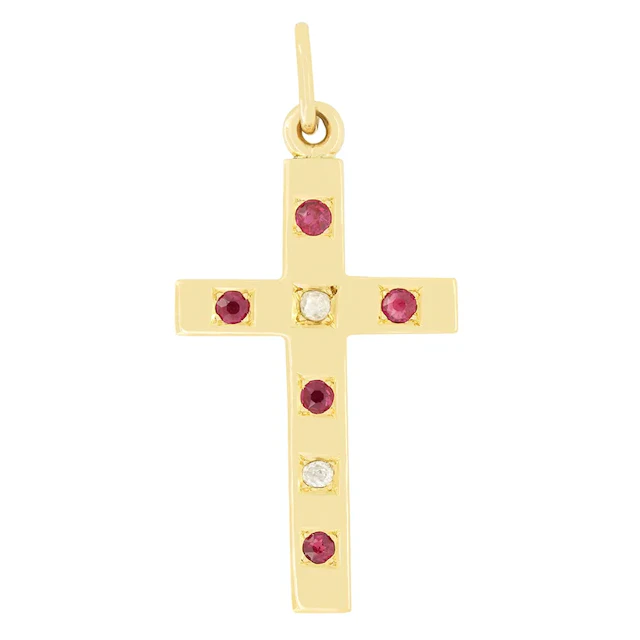 Victorian 0.20ct Diamond and Ruby Cross Pendant, c.1880s