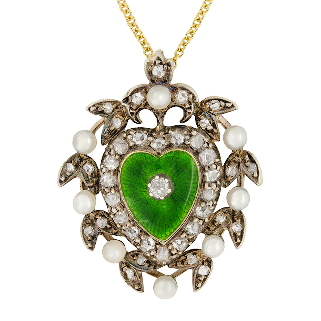 Victorian Diamond & Pearl Enamelled Heart Necklace, c.1880s
