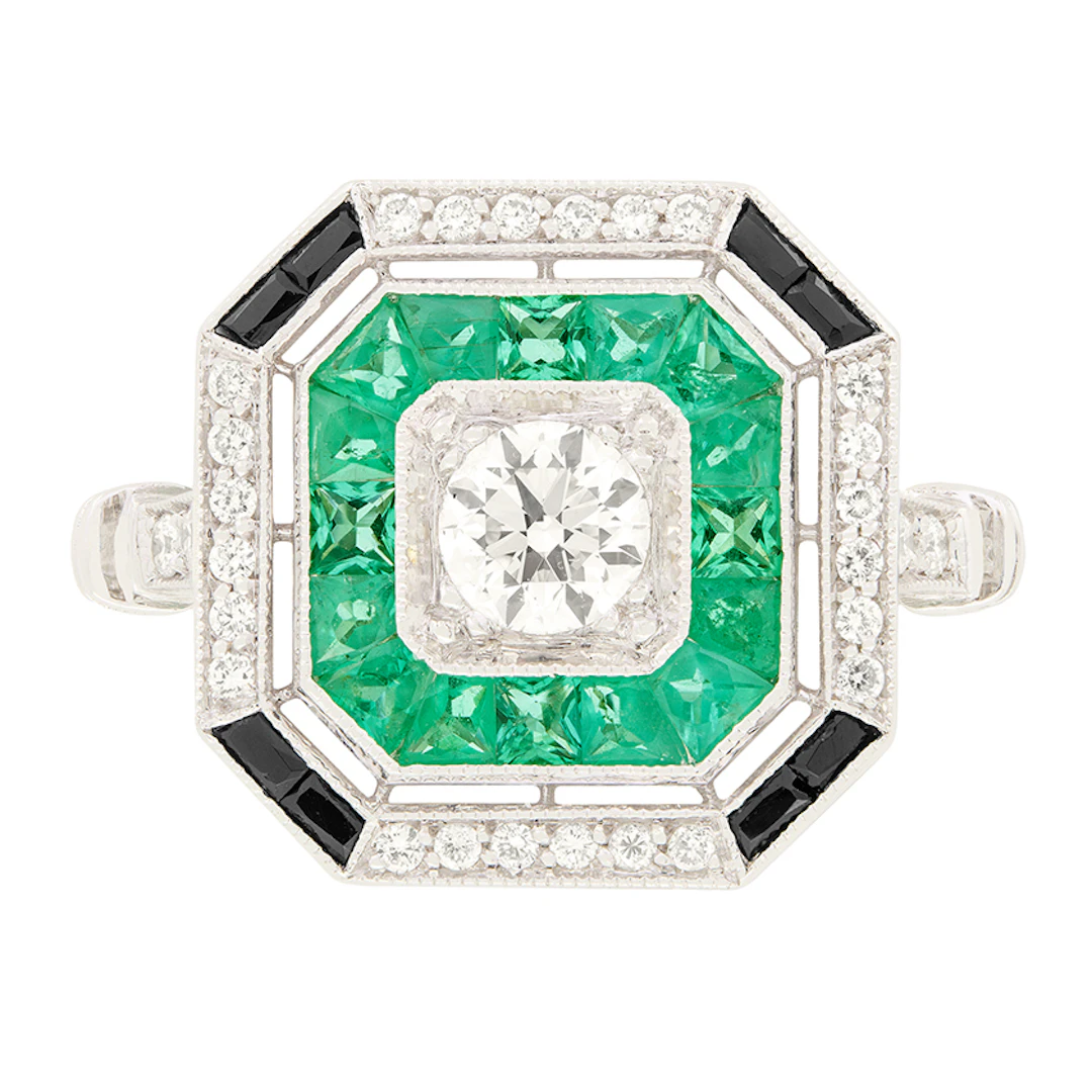 Vintage 0.40ct Diamond, Emerald and Onyx Target Ring, c.1980s