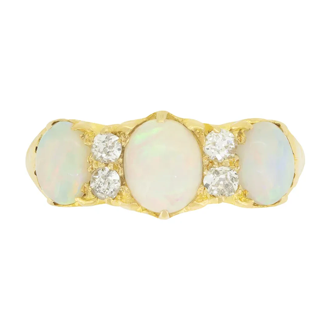Victorian 1.10ct Opal and Diamond Three Stone Ring, c.1880s