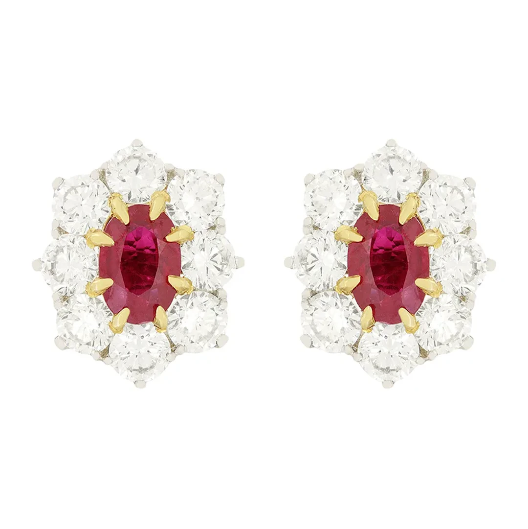 Vintage 1.00ct Ruby and Diamond Cluster Earrings, c.1980s