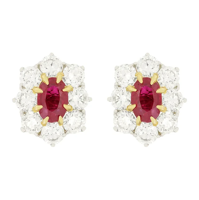 Vintage 1.00ct Ruby and Diamond Cluster Earrings, c.1980s