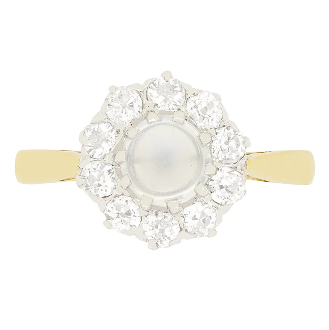 Edwardian 1.00ct Moonstone and Diamond Cluster Ring, c.1910s