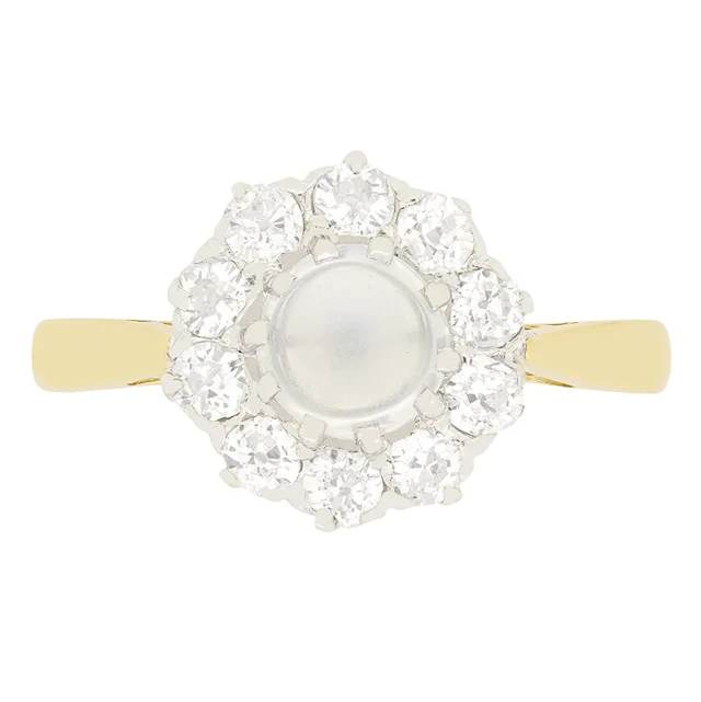 Edwardian 1.00ct Moonstone and Diamond Cluster Ring, c.1910s
