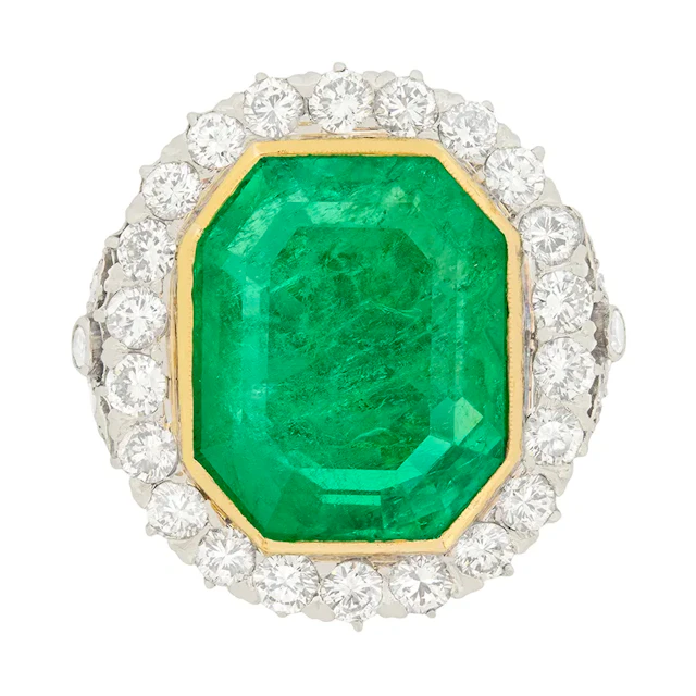 Art Deco 16.10ct Colombian Emerald and Transitional Cut Diamond Halo
