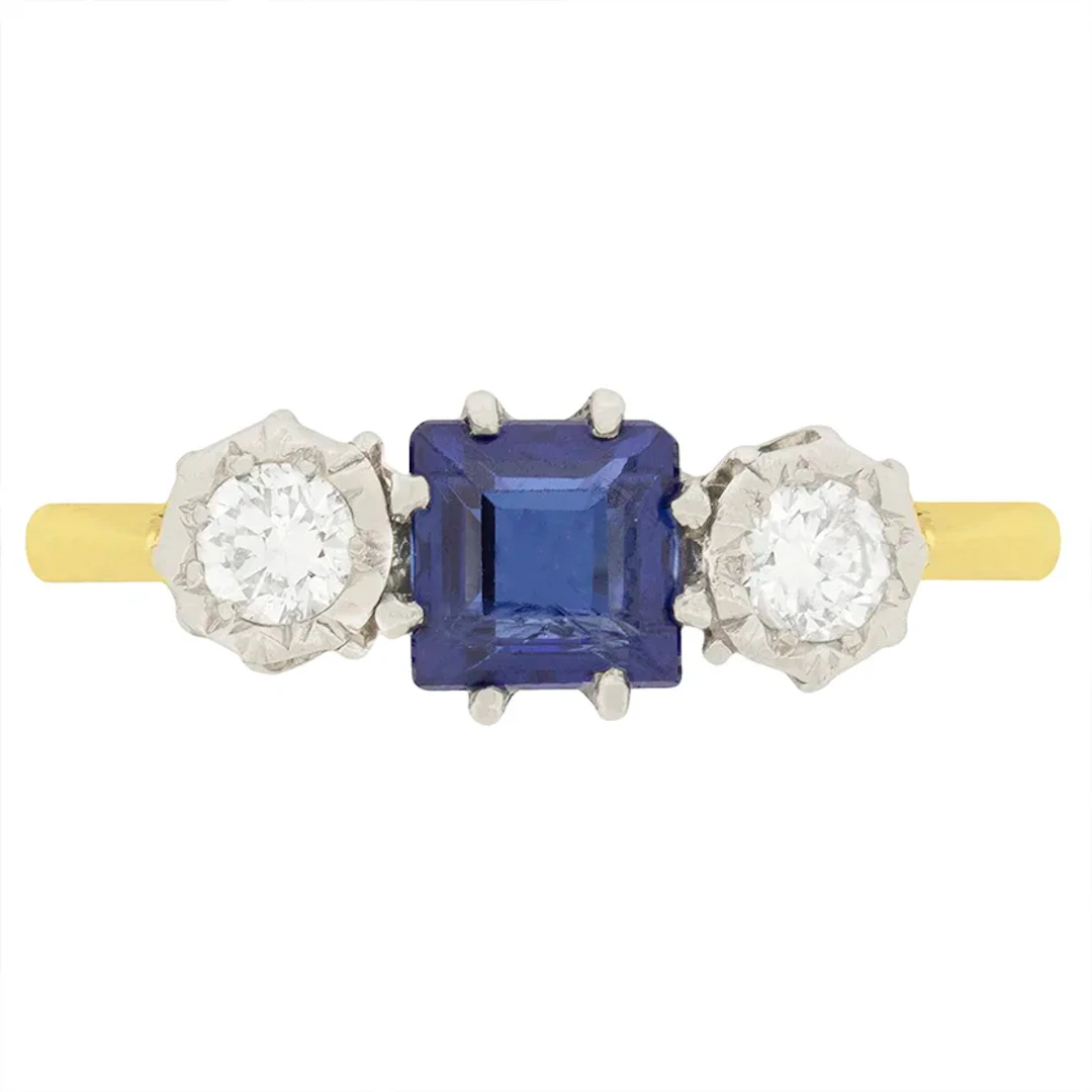 Late Art Deco 0.50ct Sapphire and Diamond Three Stone Ring, c.1930s
