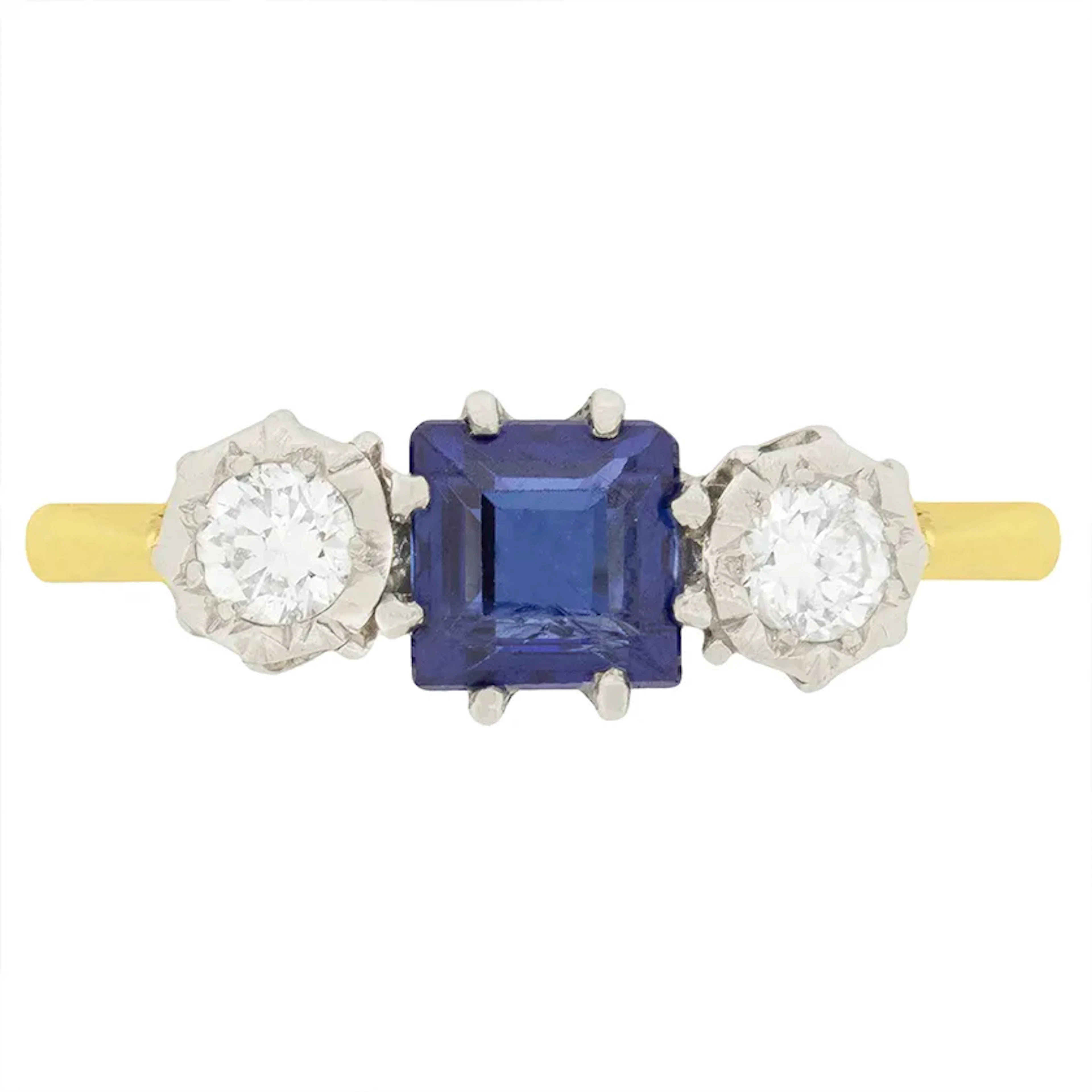 Late Art Deco 0.50ct Sapphire and Diamond Three Stone Ring, c.1930s