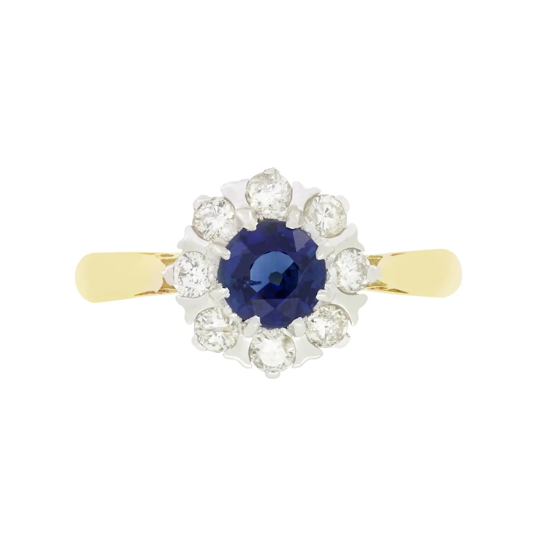 Vintage 0.60ct Sapphire and Diamond Cluster Ring, hallmarked 1987