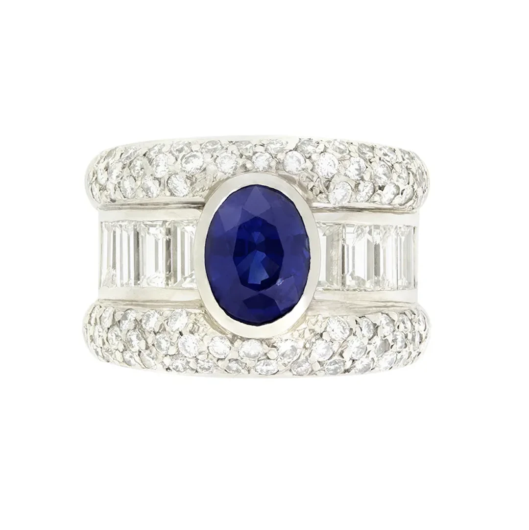 Vintage 2.00ct Sapphire and Diamond Bombe Ring, c.1960s