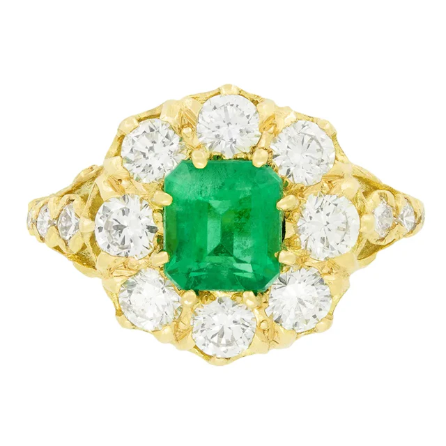 Vintage 1.20ct Emerald and Diamond Cluster Ring, c.1970s