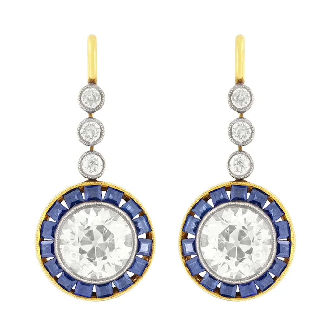Vintage 4.20ct Diamond and Sapphire Drop Earrings, c.1950s