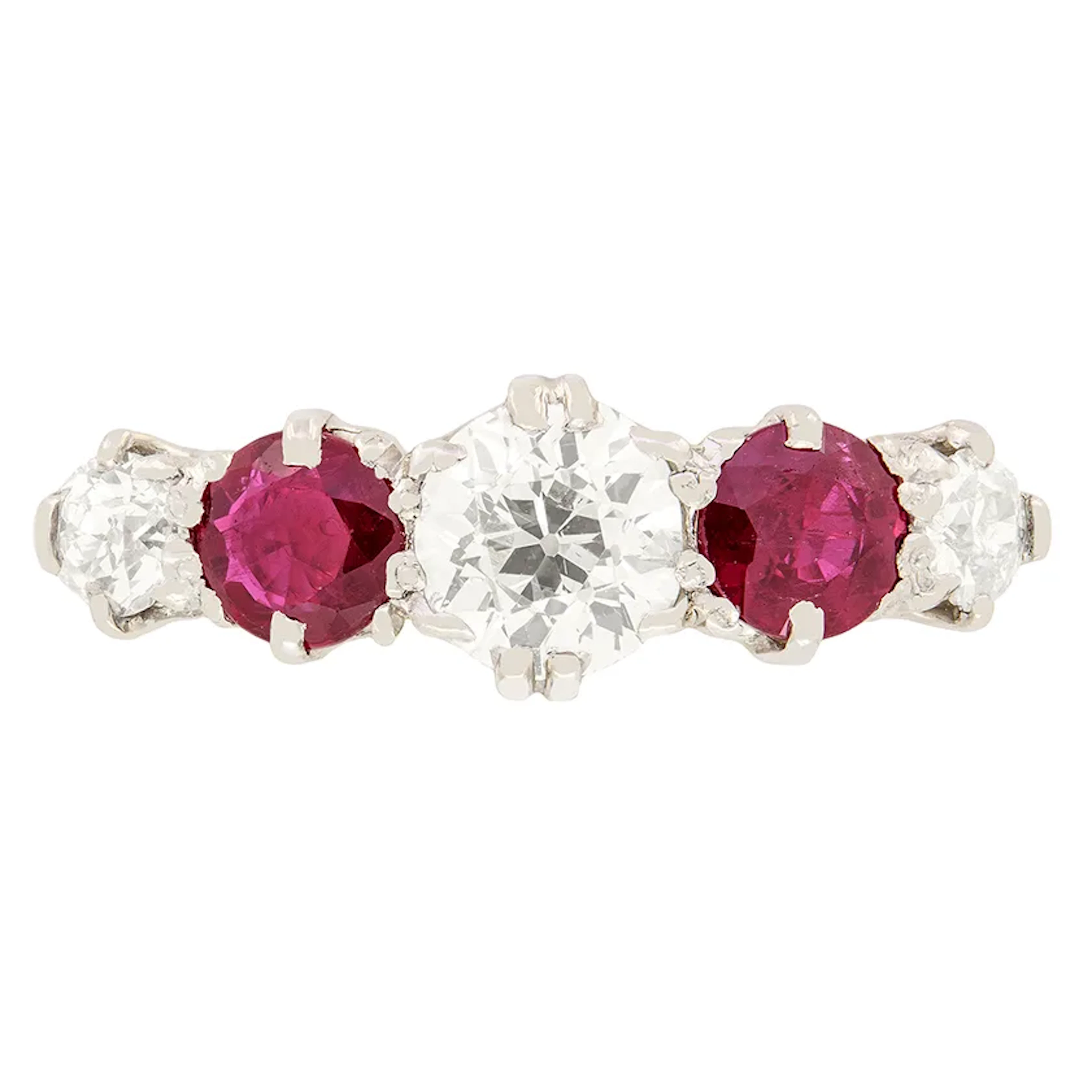Edwardian 0.95ct Diamond and Ruby Five Stone Ring, c.1910s