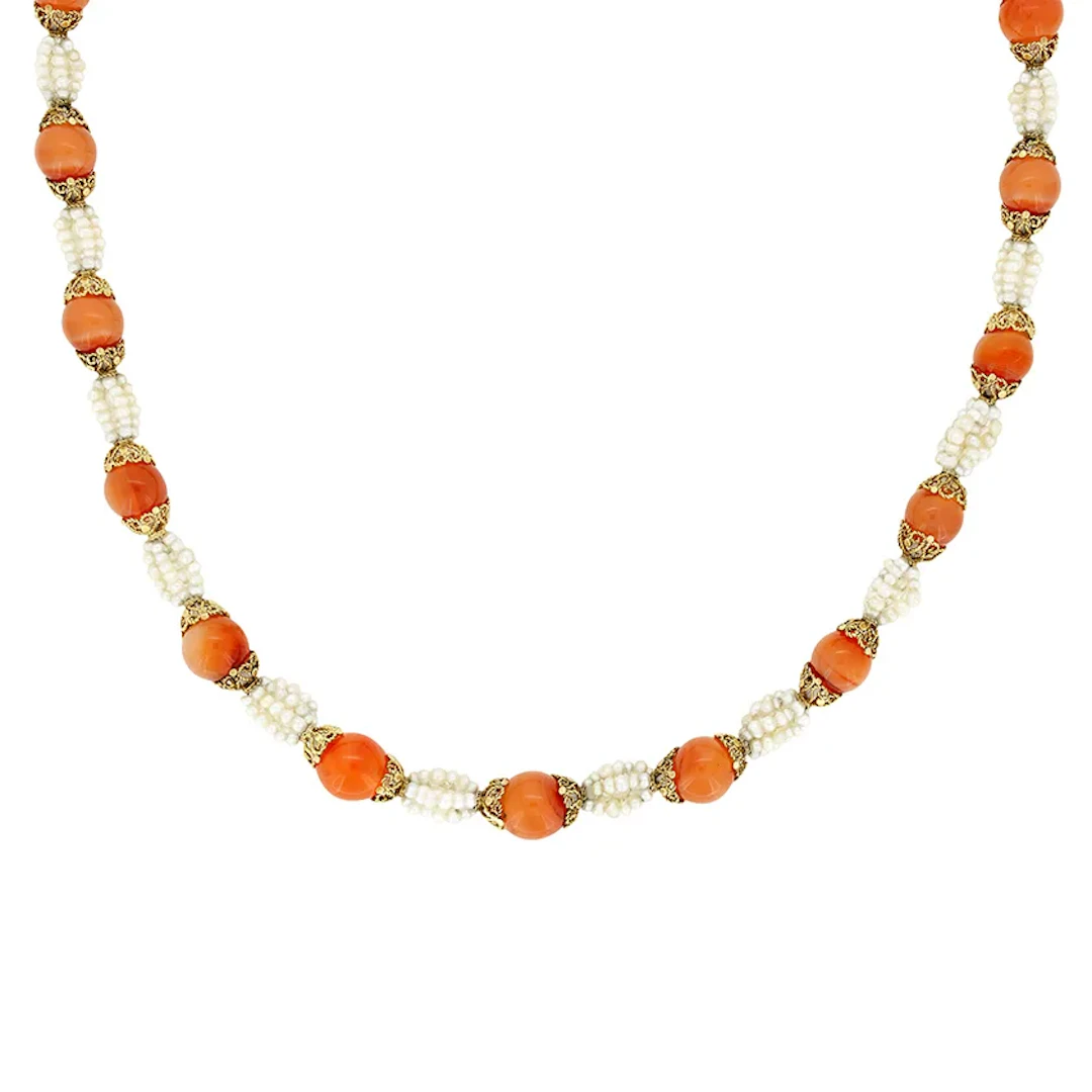 Victorian Orange Chalcedony & Pearl Necklace, c.1880s