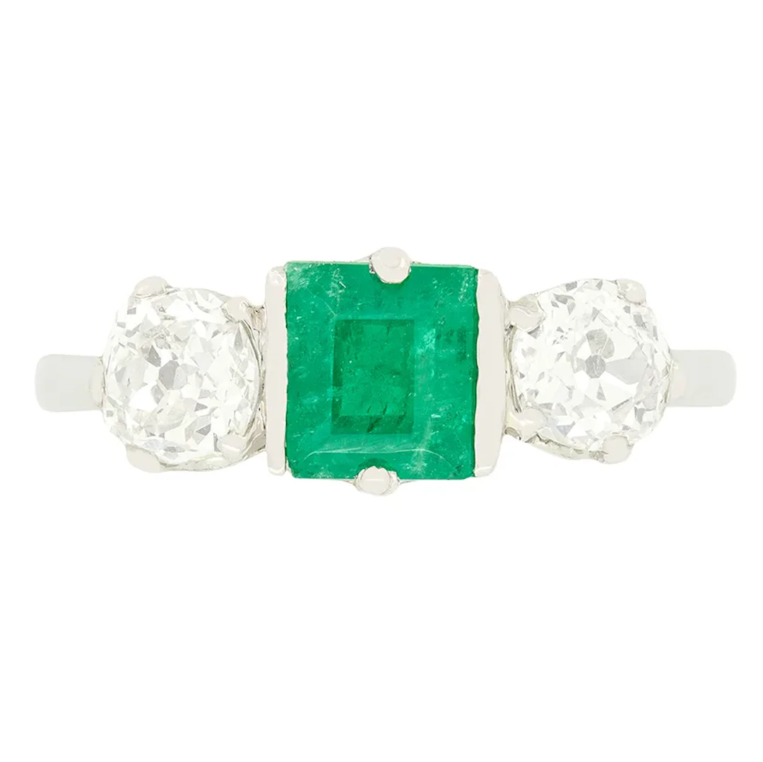 Art Deco 0.80ct Emerald and Diamond Three Stone Ring, c.1920s