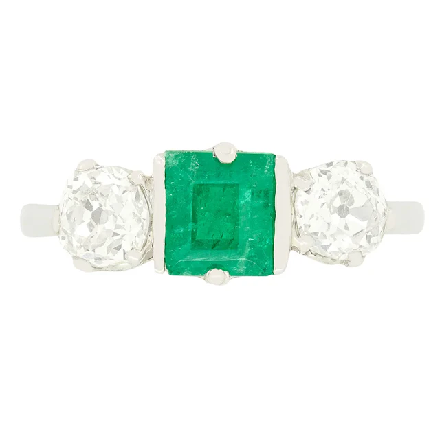 Art Deco 0.80ct Emerald and Diamond Three Stone Ring, c.1920s