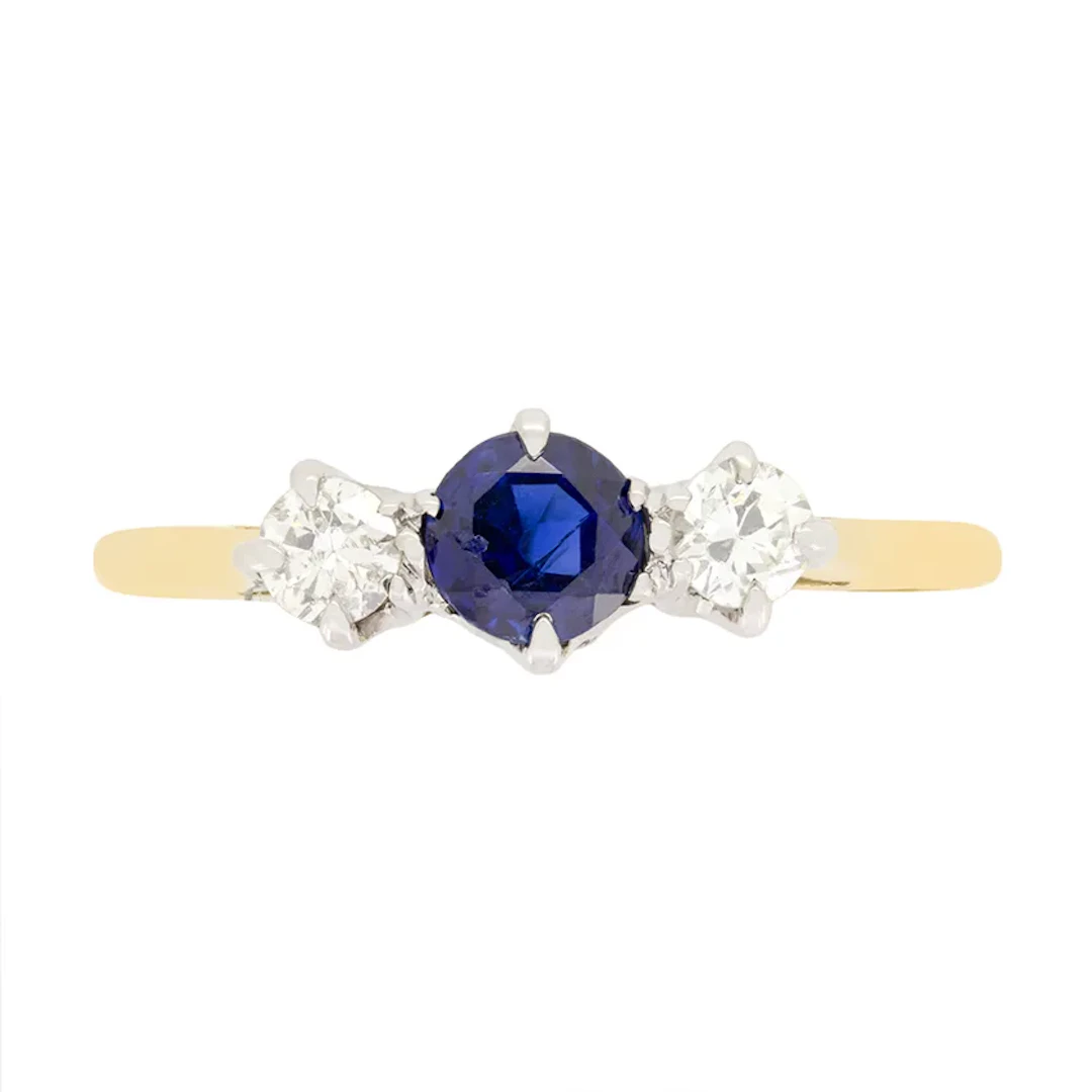 Late Deco 0.40ct Sapphire and Diamond Three Stone Ring, c.1930s