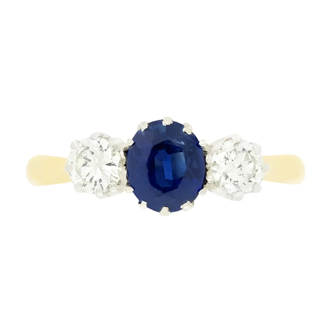 Vintage 1.00ct Sapphire and Diamond Three Stone Ring, hallmarked 1964