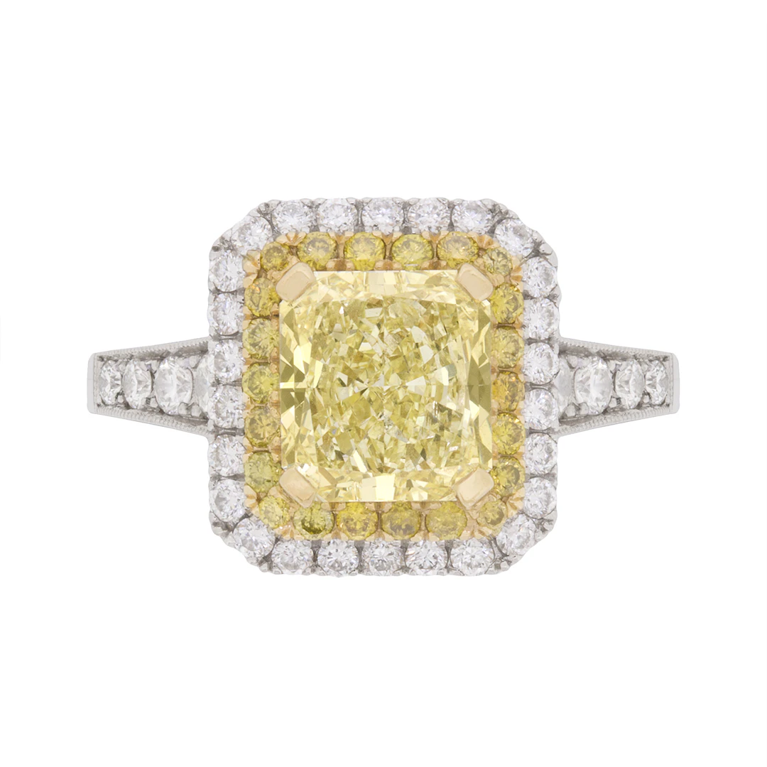 Contemporary 1.72ct Fancy Yellow Diamond Double Halo Engagement Ring