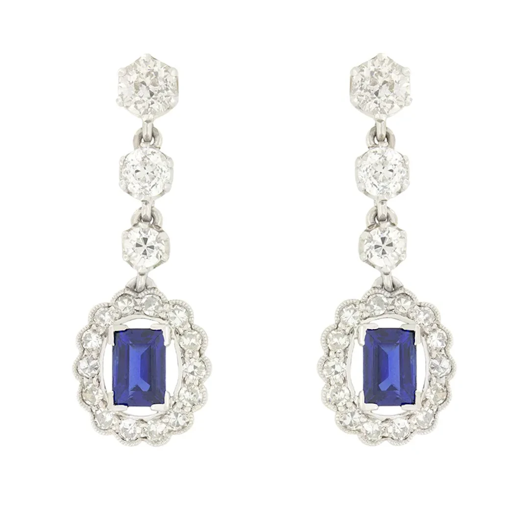 Art Deco 1.00ct Sapphire and Diamond Drop Earrings, c.1920s