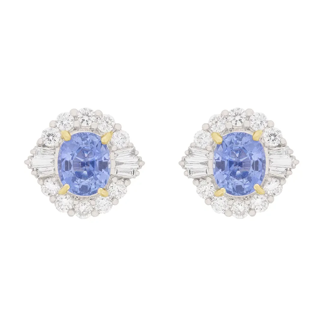 Contemporary 2.80ct Sapphire and Diamond Art Deco Inspired Cluster Earrings