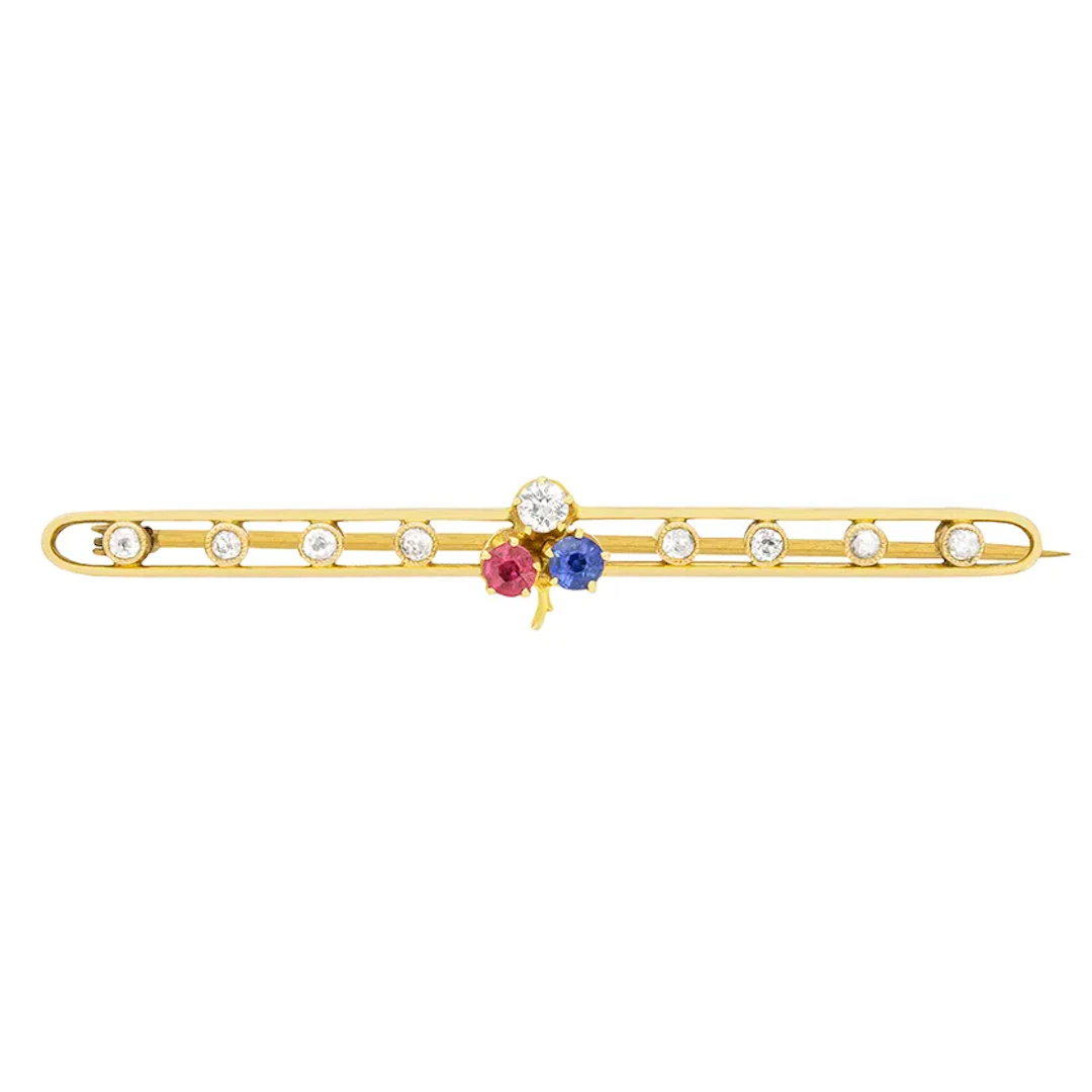 Victorian 0.34ct Diamond, Ruby and Sapphire Clover Brooch, c.1880s