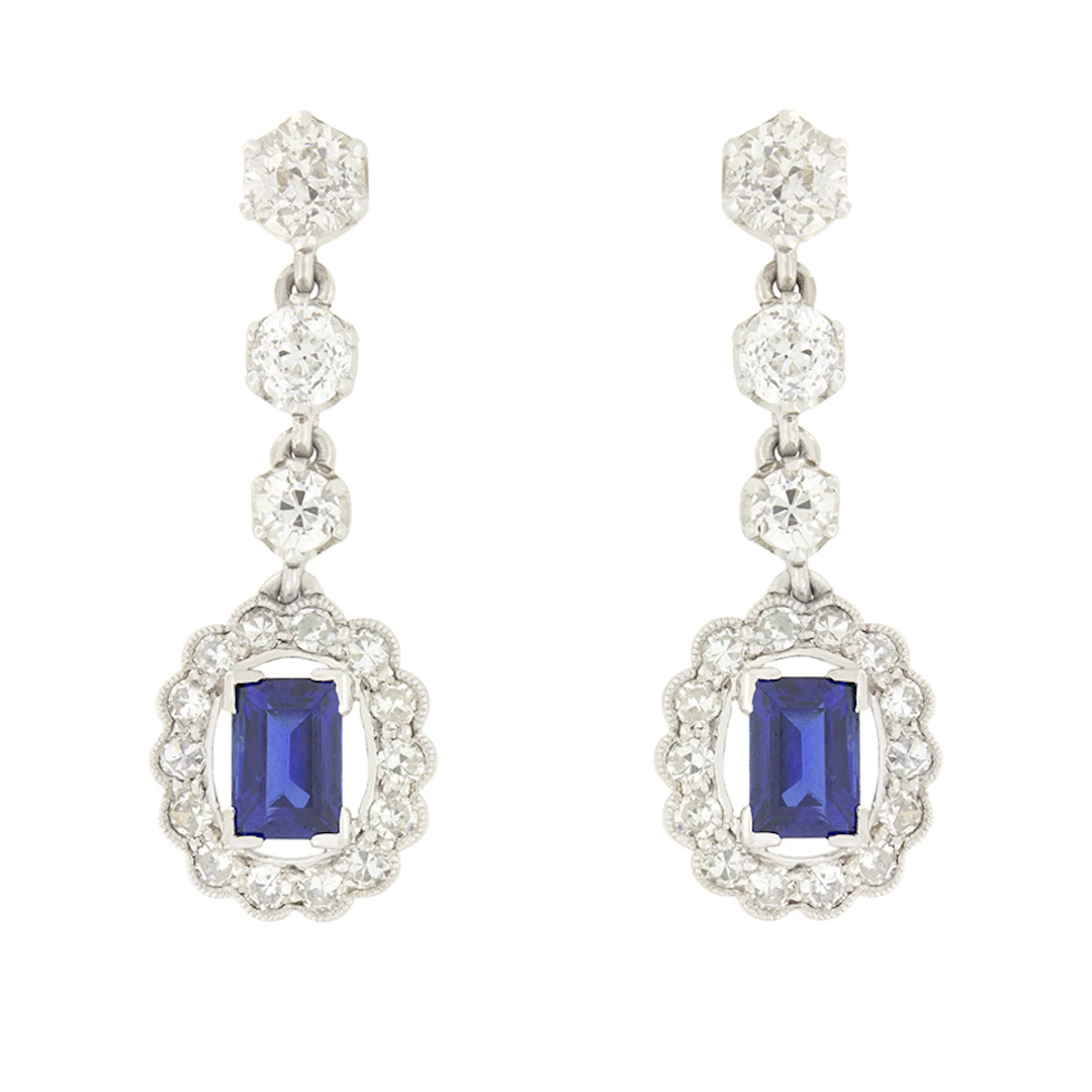 Art Deco 1.00ct Sapphire and Diamond Drop Earrings, c.1920s