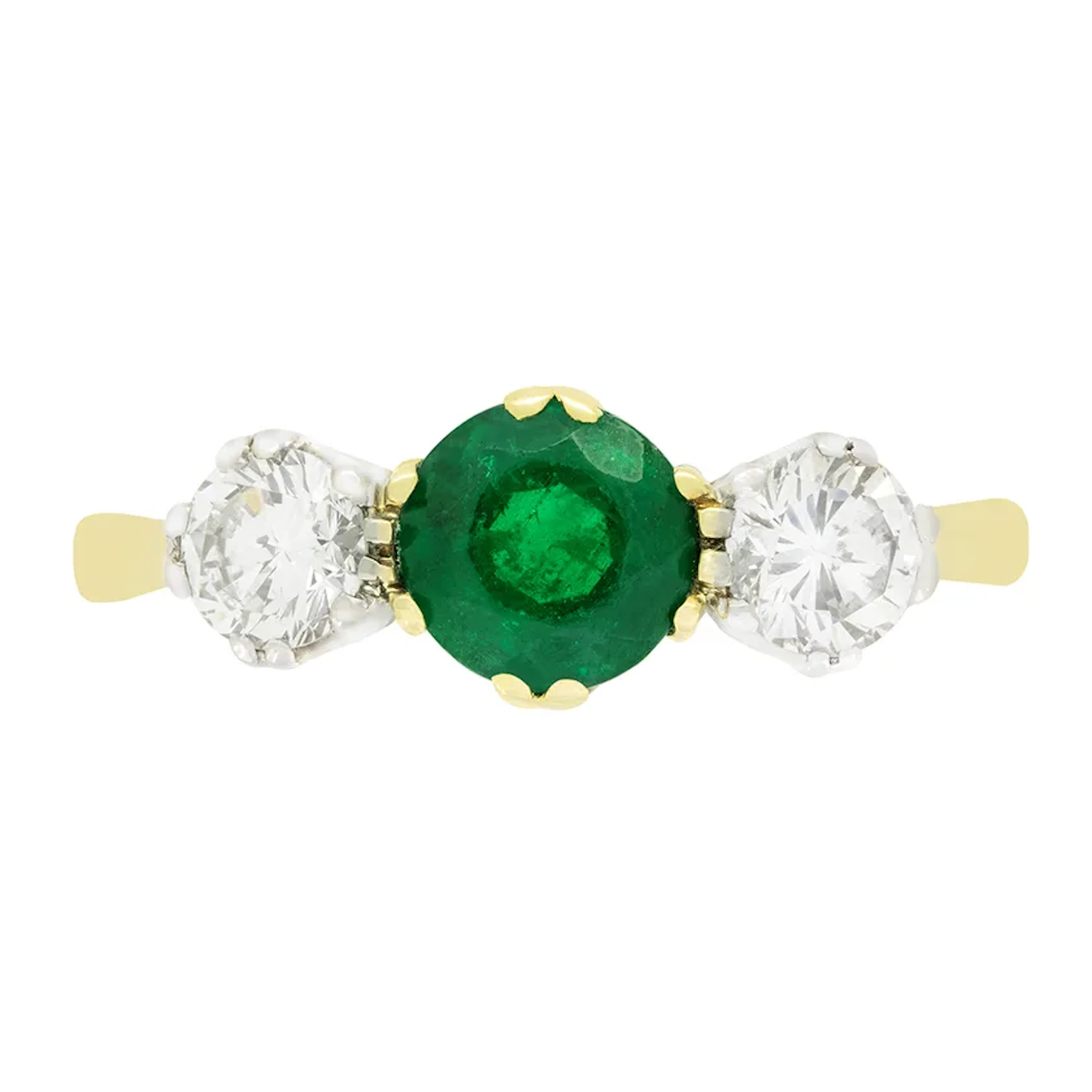 Vintage 0.80ct Emerald and Diamond Three Stone Ring, hallmarked 1986