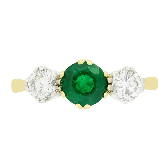 Vintage 0.80ct Emerald and Diamond Three Stone Ring, hallmarked 1986