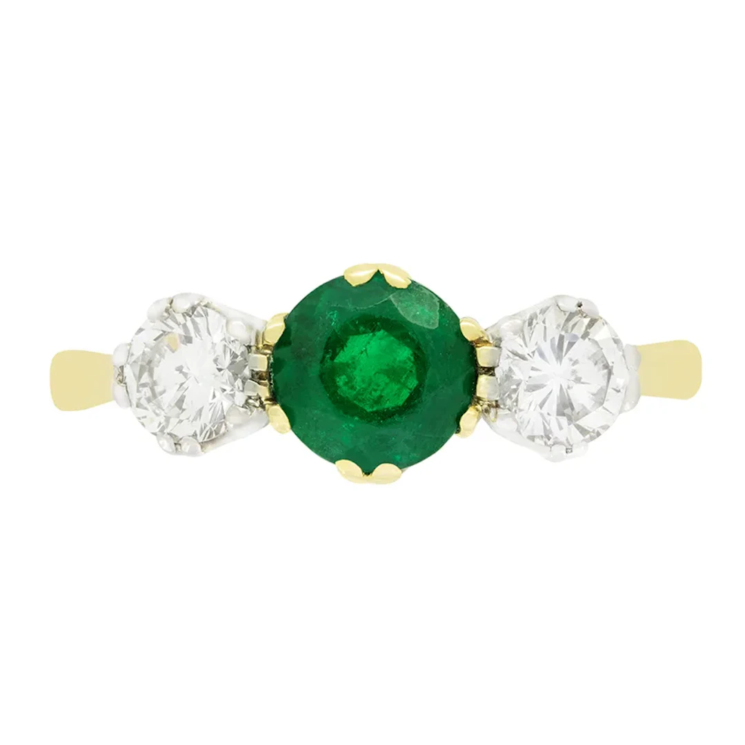 Vintage 0.80ct Emerald and Diamond Three Stone Ring, hallmarked 1986